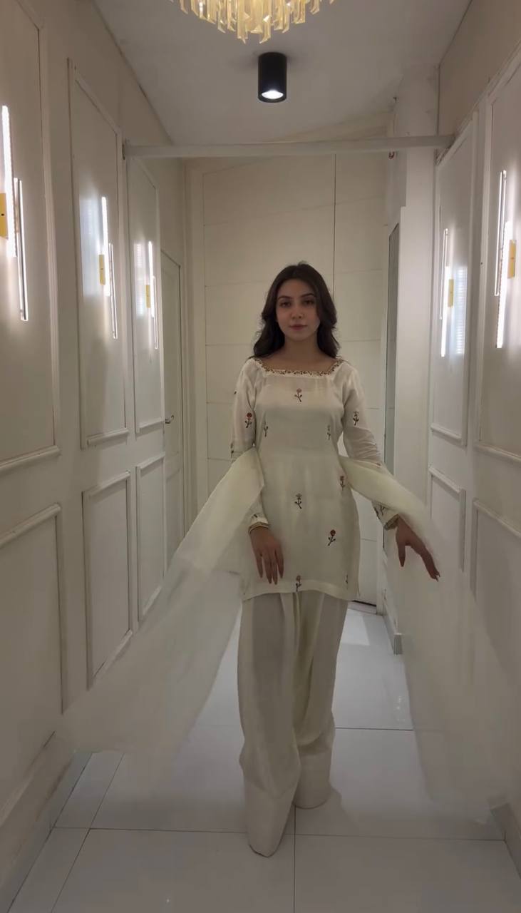 White Chinnon Silk Embroidered Top with Farshi Pant and Organza Silk Dupatta