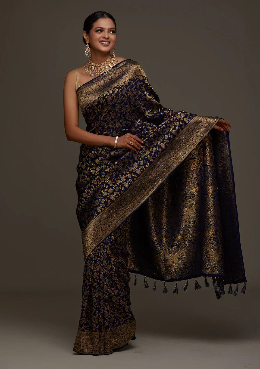 Banarasi Navy Blue Soft Silk Saree with Jacquard Border Blouse