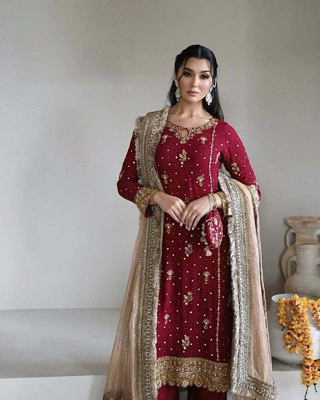 Red Faux Georgette 5mm Embroidery Sequence Work Top, Pant & Dupatta Set