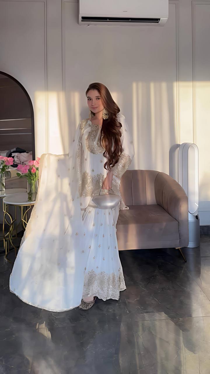 Chinnon Silk Embroidered White Sharara Suit with Dupatta