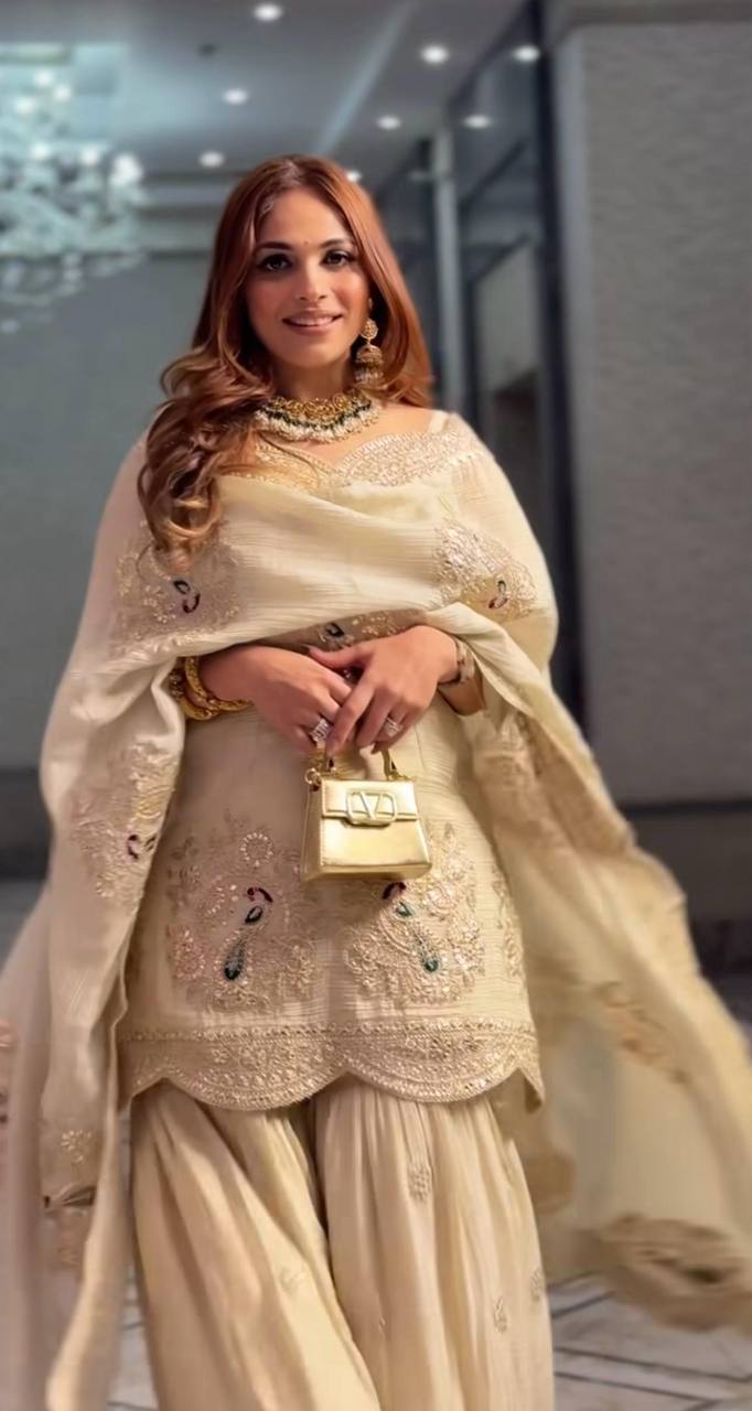 Cream Chinnon Silk Embroidered Suit with Dupatta