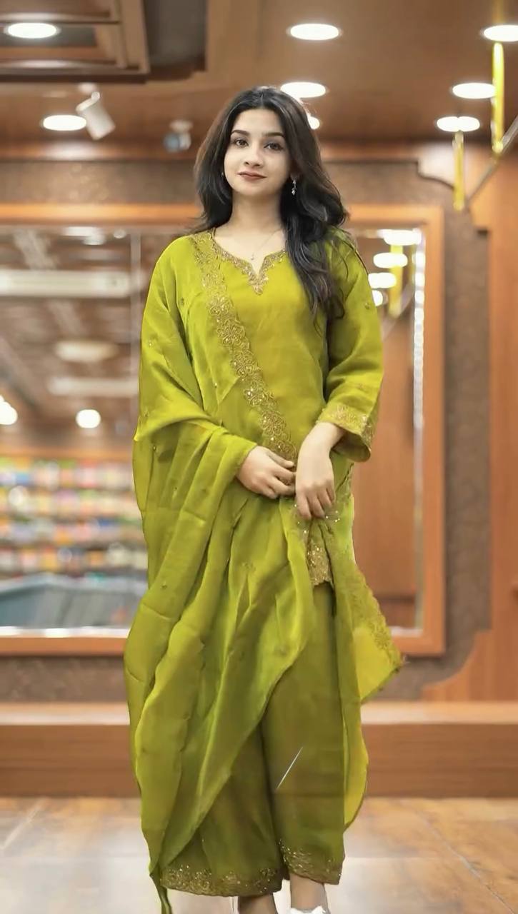 Green Jimmy Choo Silk Embroidered Suit with Dupatta
