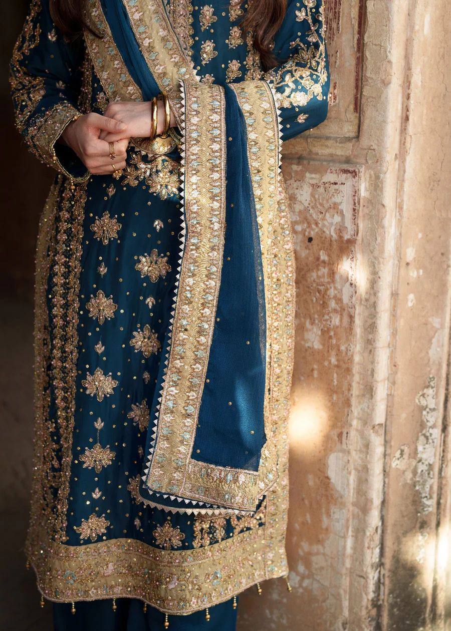 Heavy Bottle Green Georgette Embroidered Suit with Moti Work
