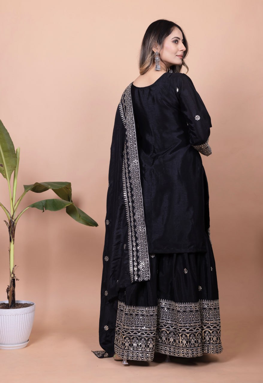 Black Chinon Sharara Suit with Heavy Embroidery Work