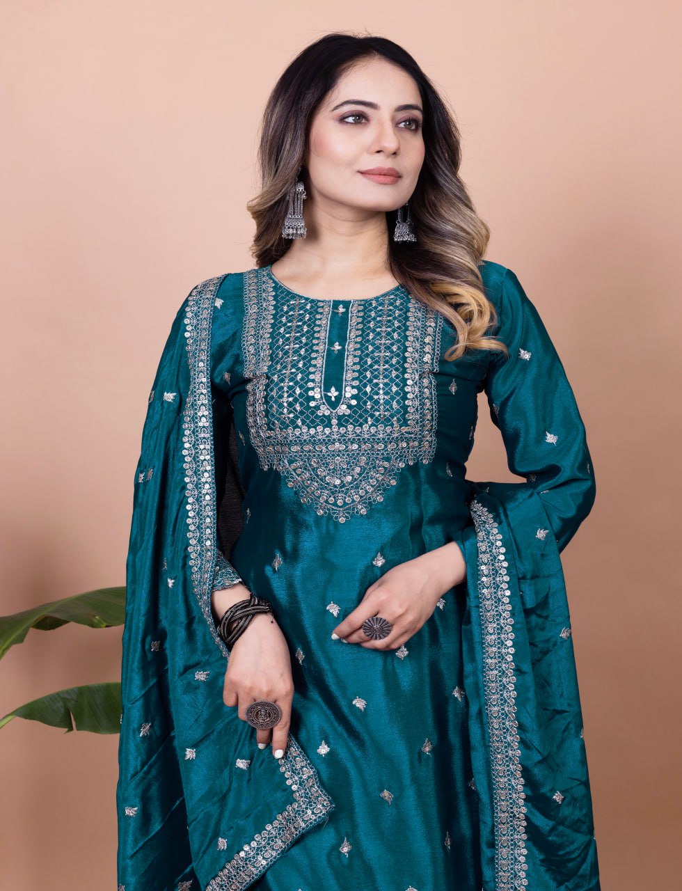 Firozi Blue Chinon Sharara Suit with Heavy Sequence Embroidery