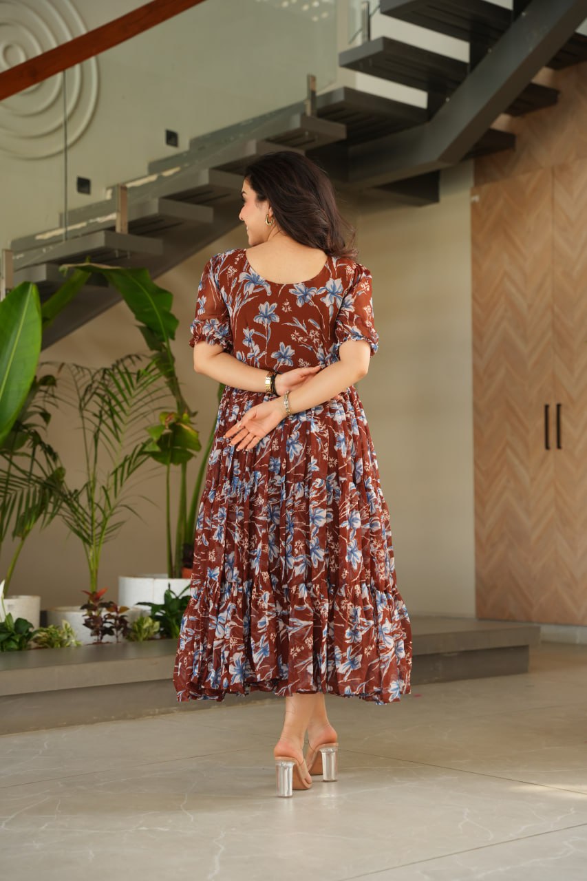 Brown Printed Faux Georgette Gown with Cotton Lining & Fancy Neck