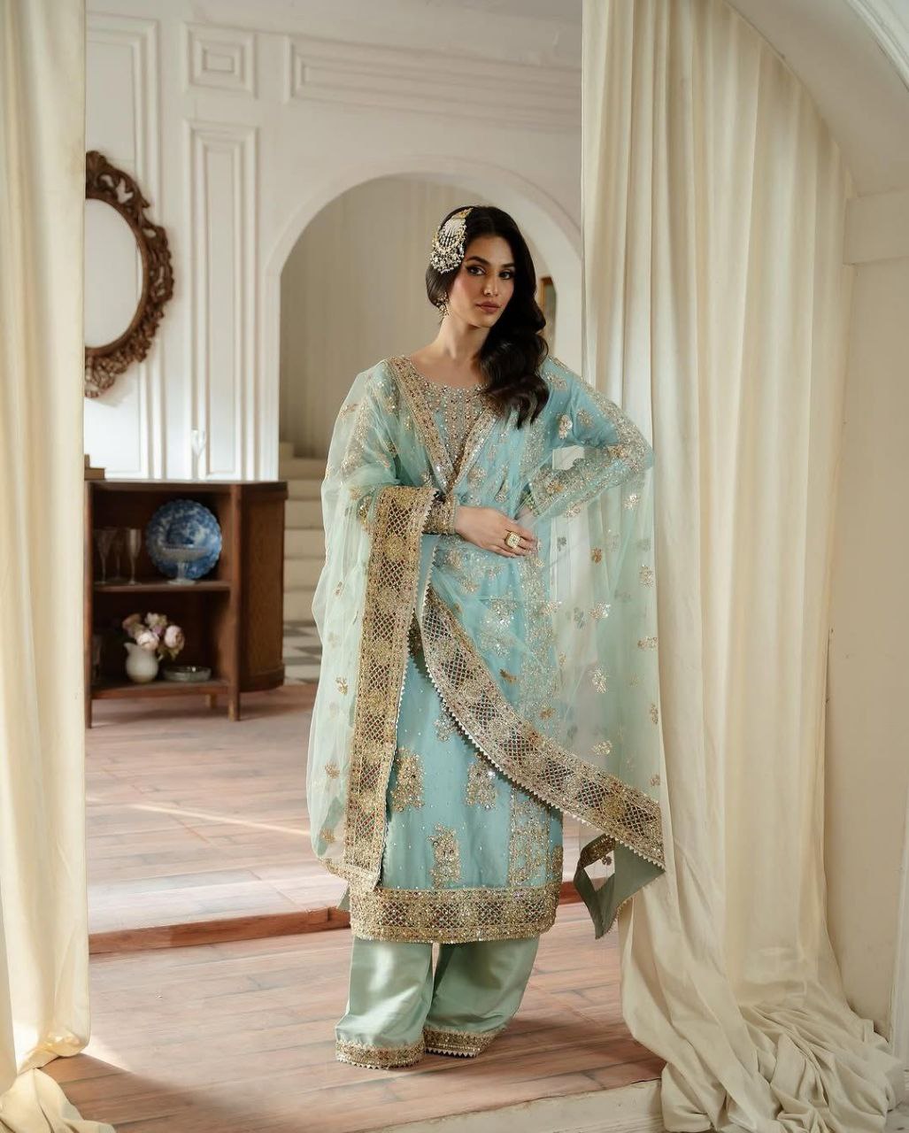 Heavy Fox Georgette Light Blue Sharara Suit with Codding Sequence Embroidery