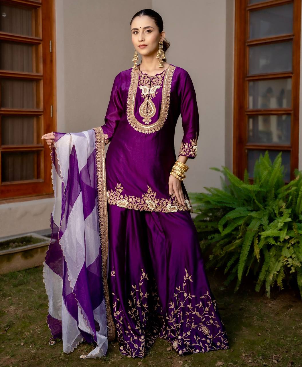 Heavy Purple Chinon Silk Sharara Suit with Embroidery and Printed Organza Dupatta