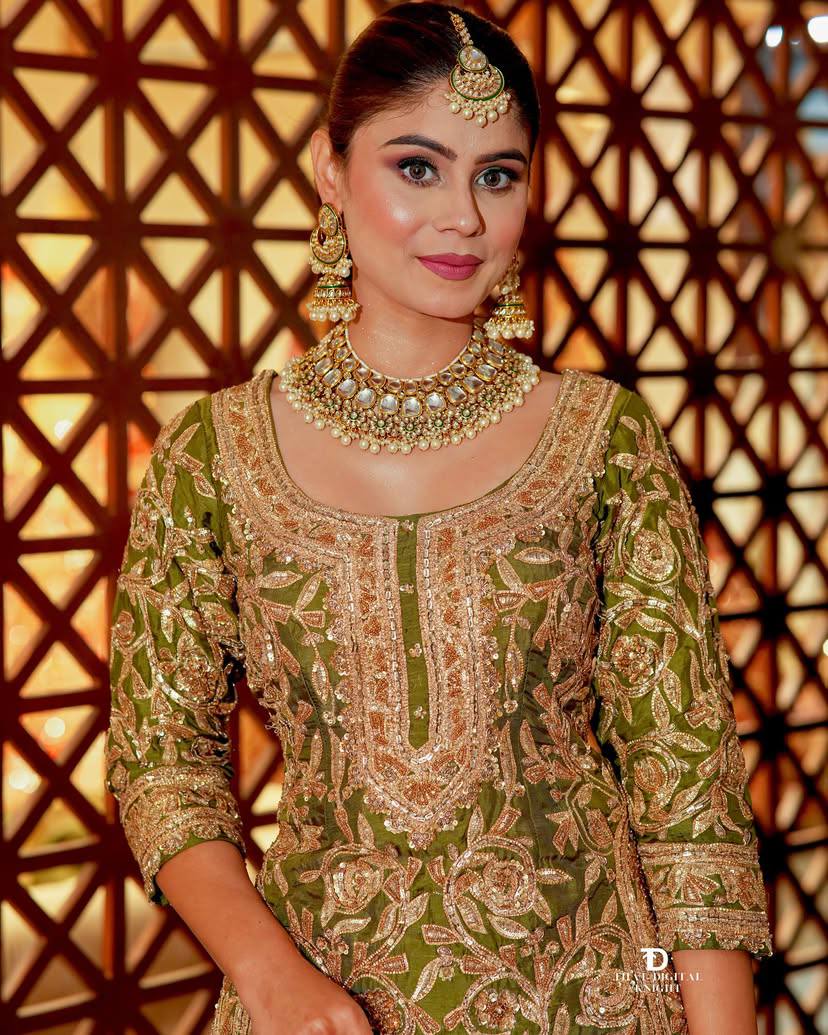 Elegant Heavy Green Chinon Silk Sharara Suit with Embroidery & Printed Dupatta