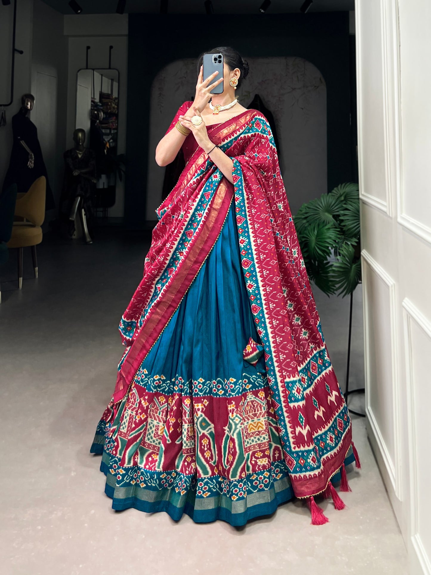 Patola Printed Teal Blue Tussar Silk Lehenga Set with Gotta Patti Dupatta
