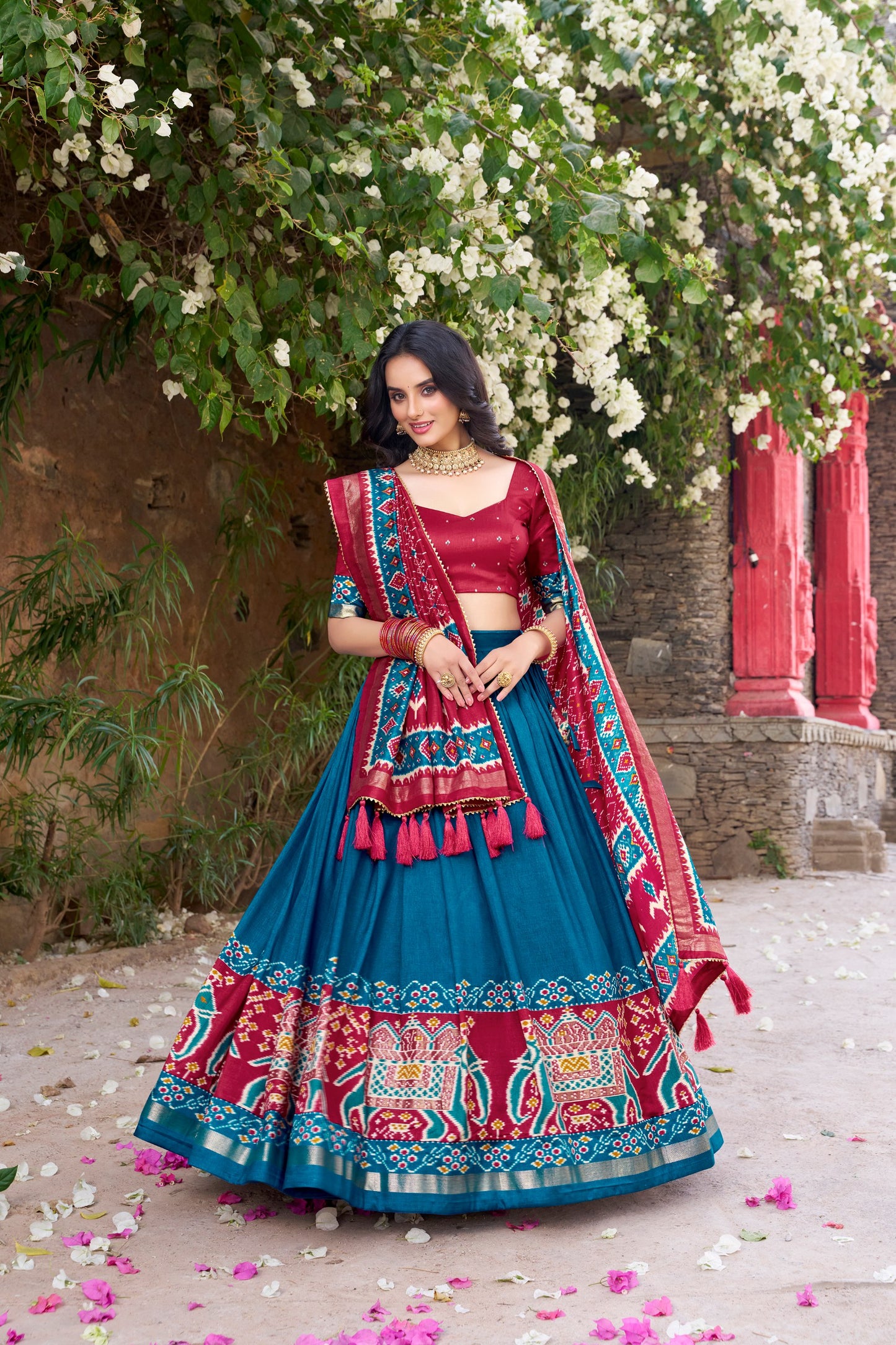 Patola Printed Teal Blue Tussar Silk Lehenga Set with Gotta Patti Dupatta