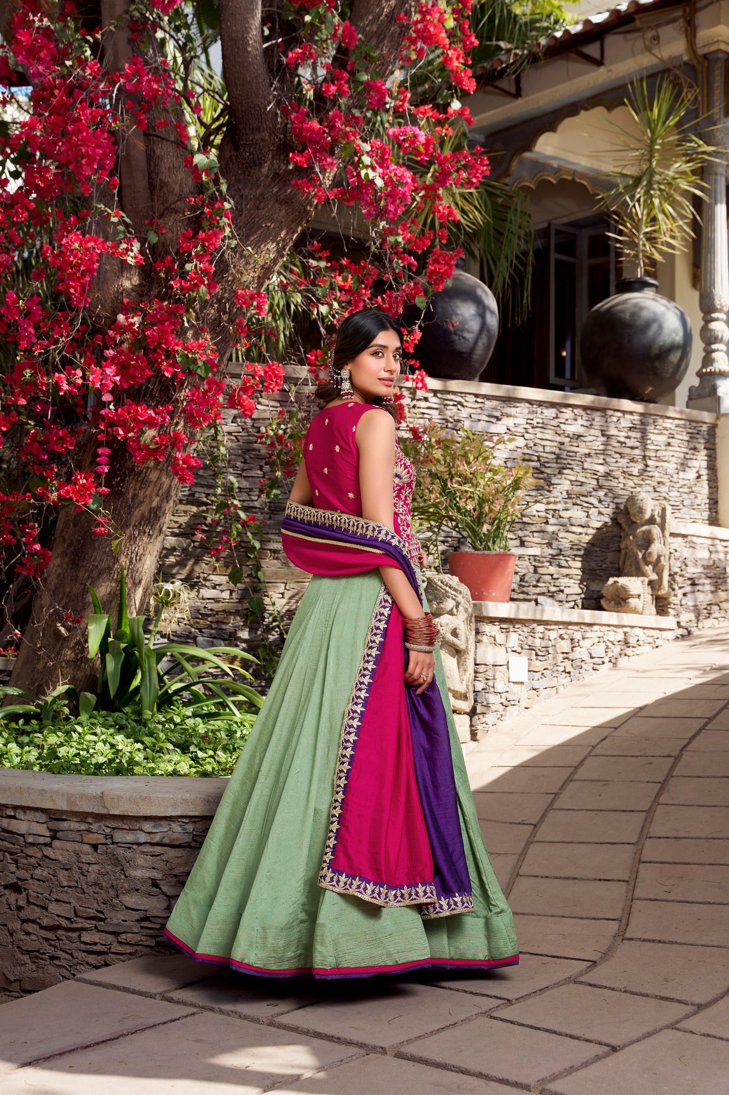 Vichitra Silk Lehenga Set with Embroidered Belt and Dupatta