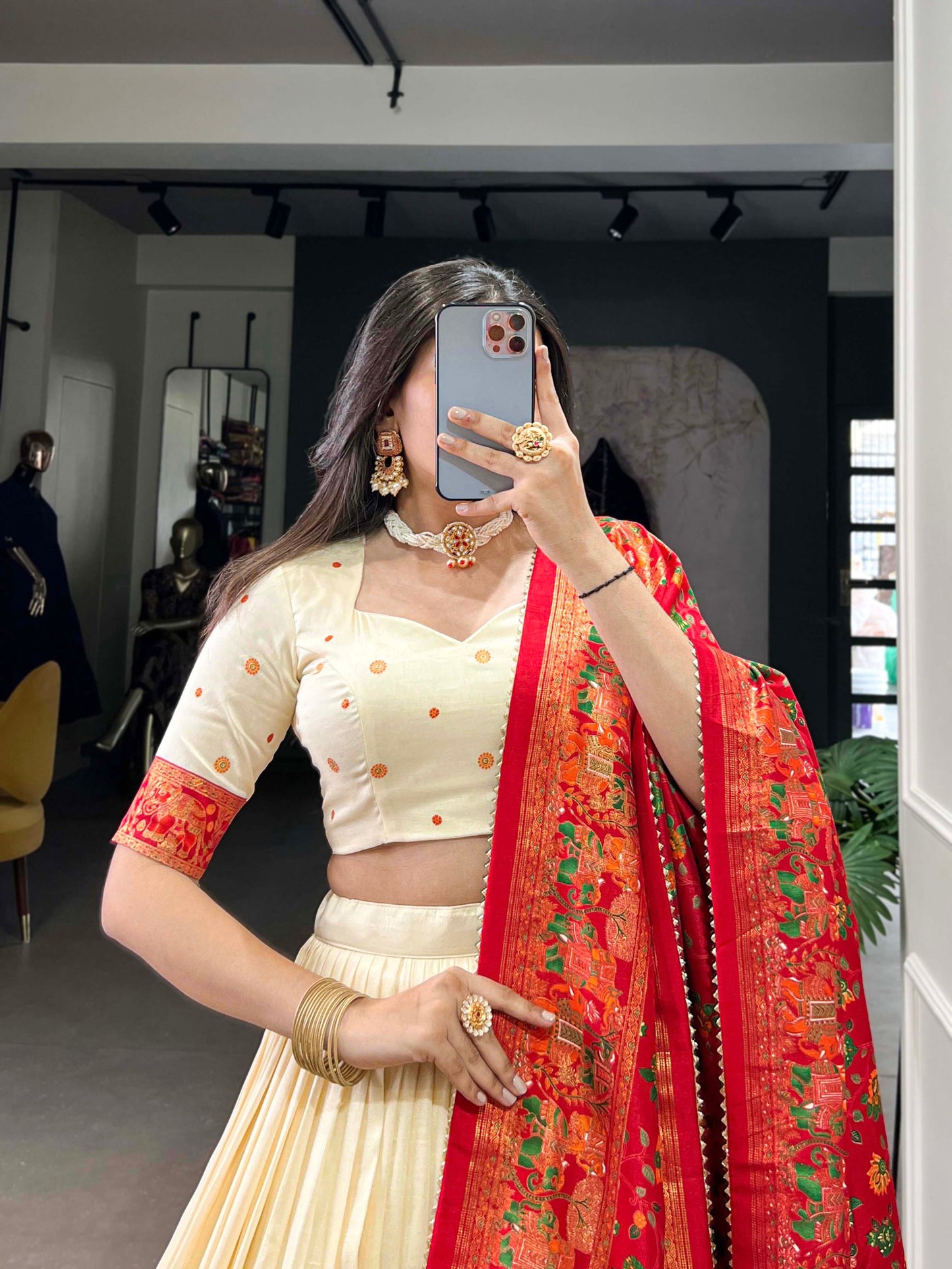 Off White Tussar Silk Lehenga Set with Printed Foil Work and Gotta Patti Dupatta