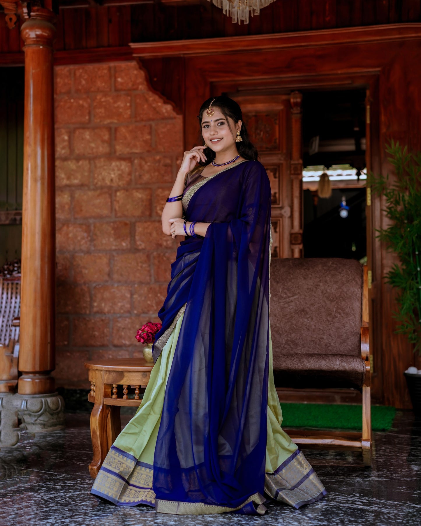 Kanchipuram Zari Weaving Lehenga Set with Georgette Lace Border Dupatta