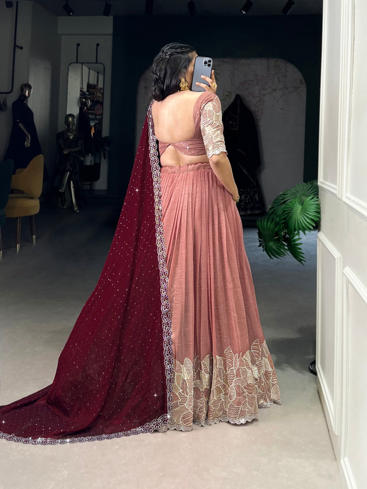 Silver Glosy Embroidered Peach Lehenga Set with Hotfix Rangoli Silk Dupatta