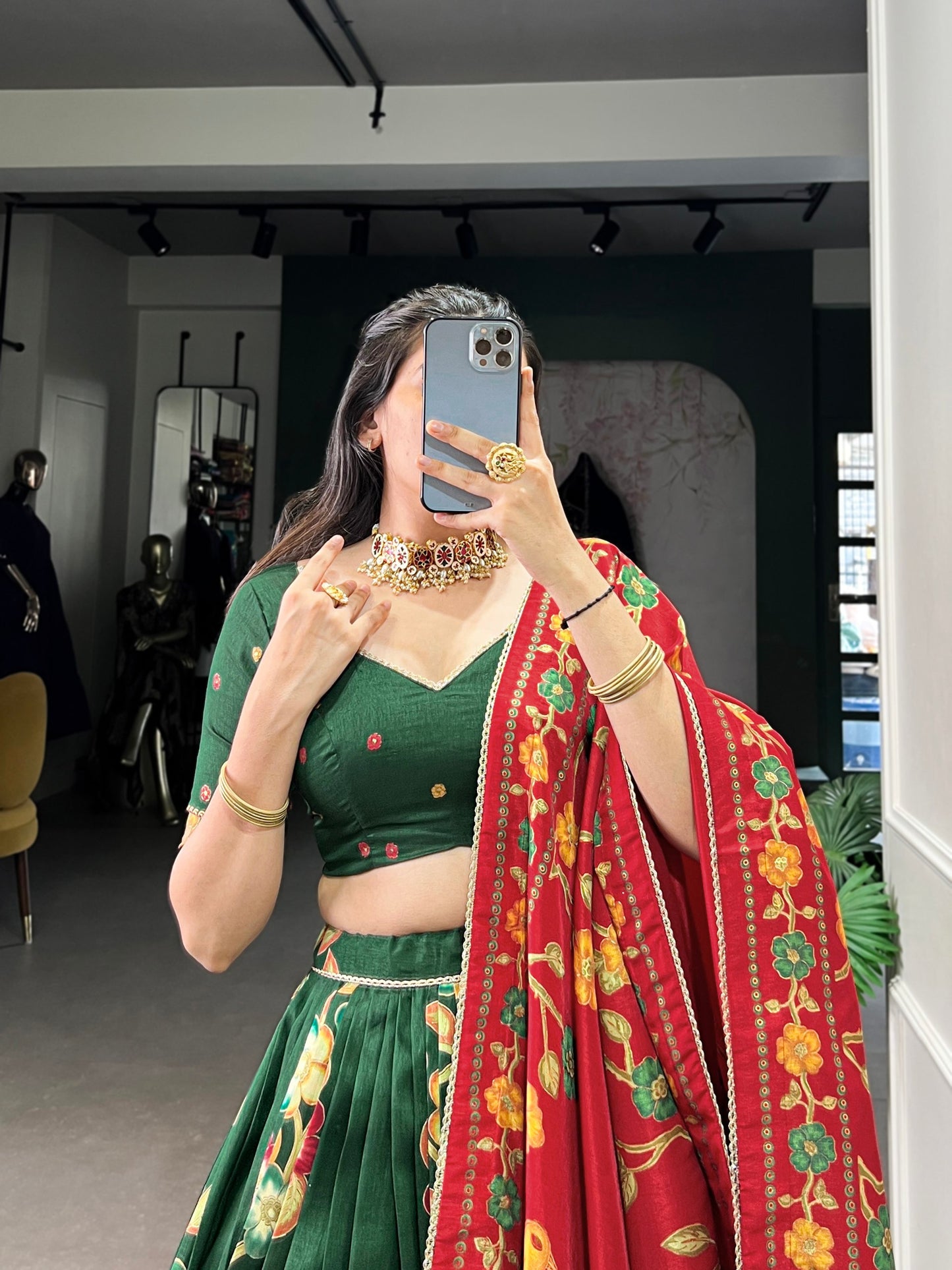 Green Tussar Silk Printed Lehenga Set with Foil Work and Gotta Patti Dupatta