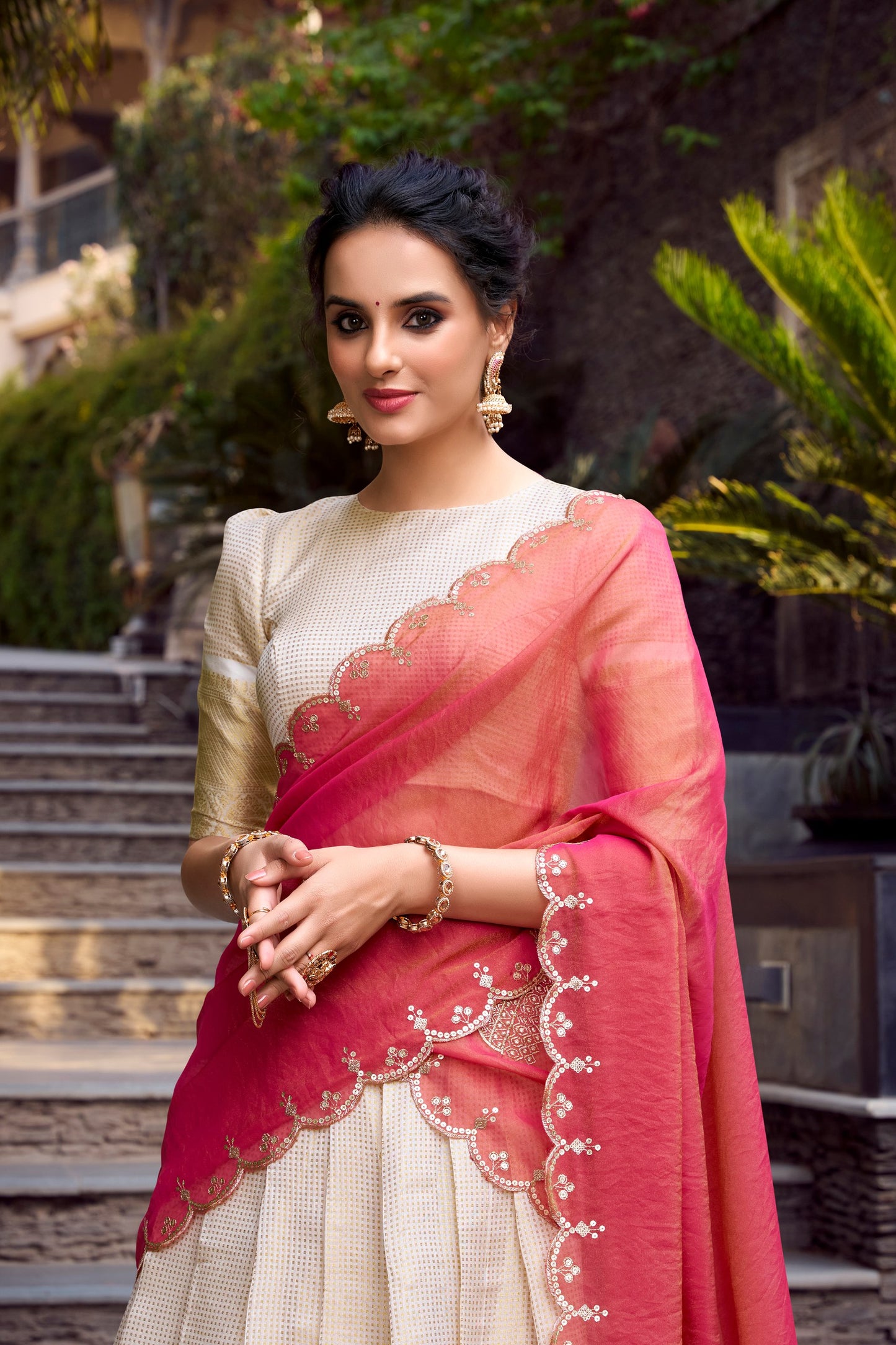 Jacquard Chex Lehenga Set with Zari Weaving and Embroidered Zari Shimmer Dupatta