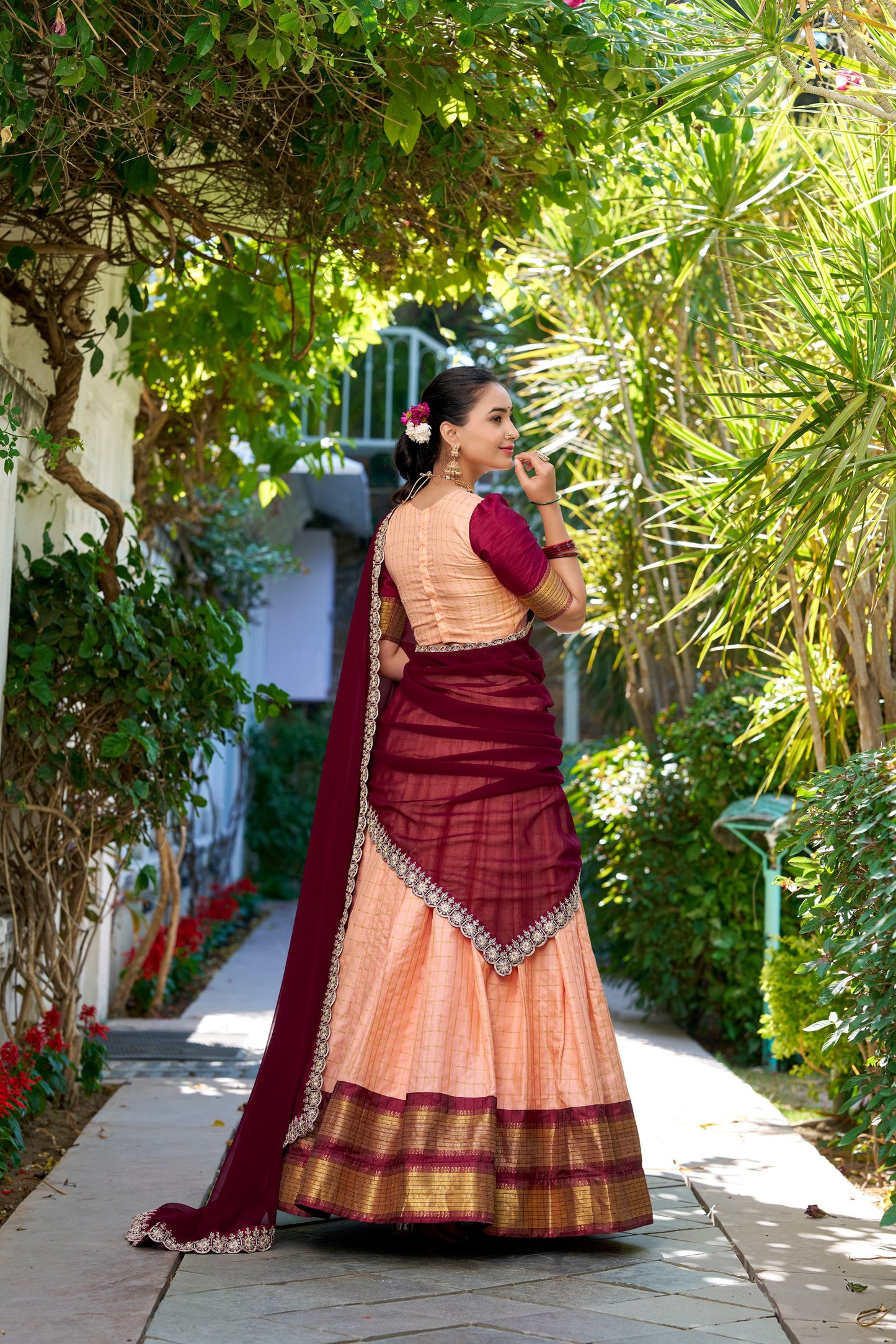 Zari Chex Peach Lehenga Set with Stitched Blouse and Embroidered Georgette Dupatta