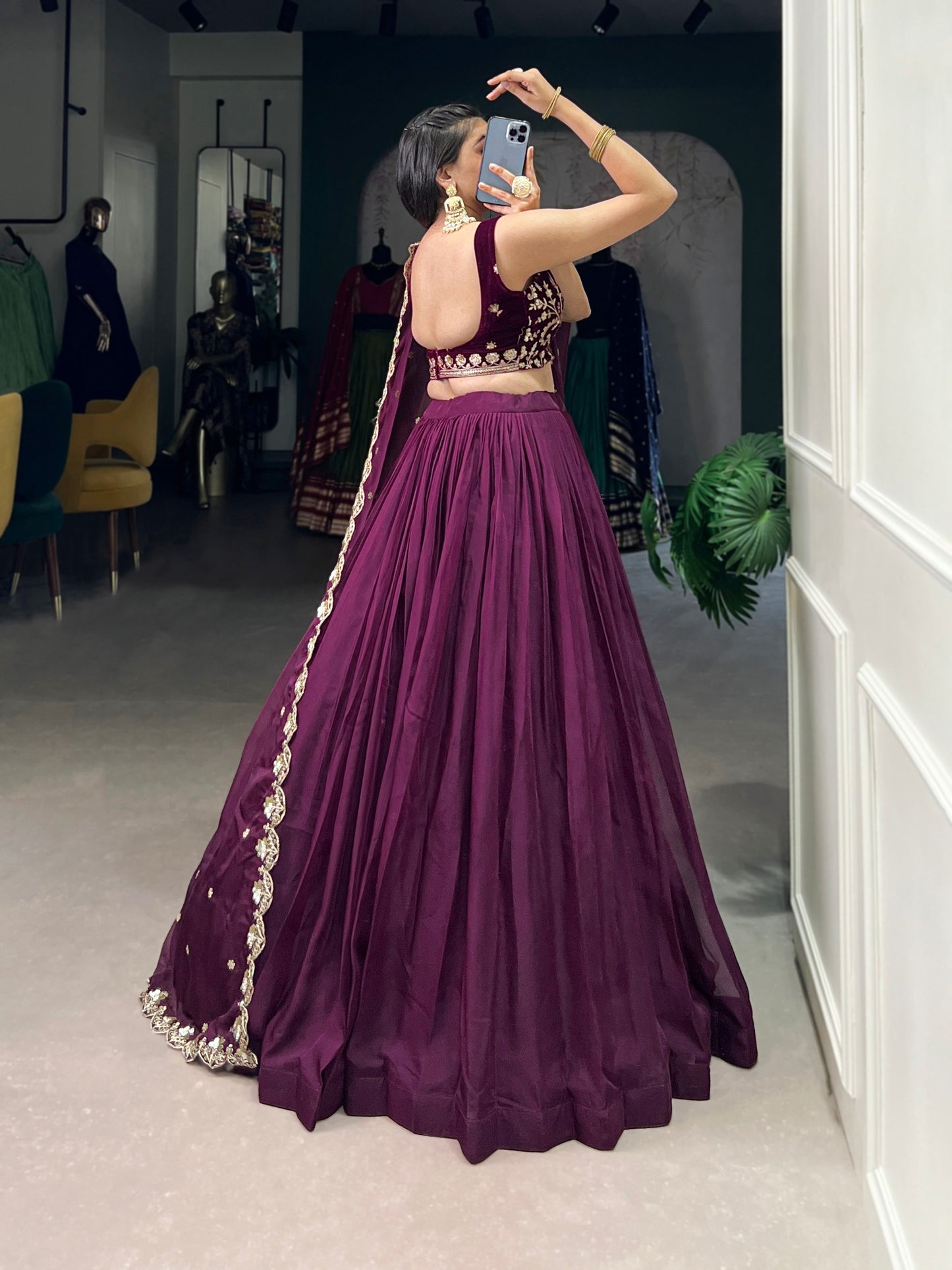 Elegant Purple Organza Lehenga with Embroidered Velvet Blouse and Dupatta
