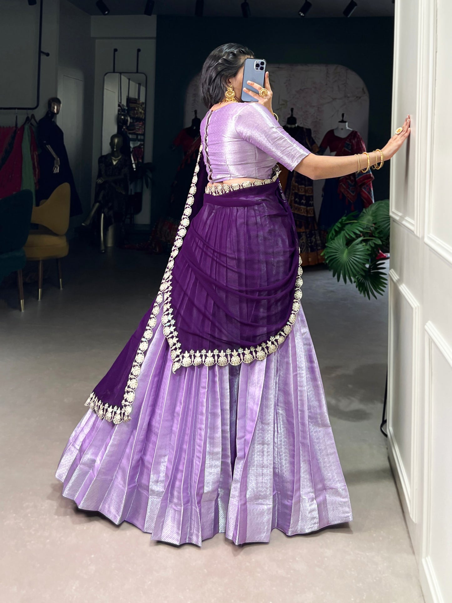Lavender Jacquard Silk Lehenga Set with Weaving Work and Georgette Embroidered Dupatta