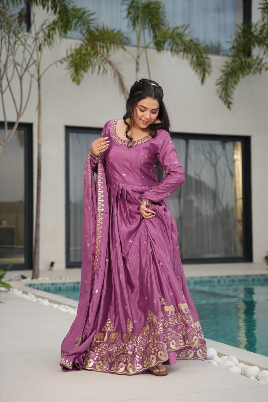 Lavender Chinnon Embroidered Gown with Sequins Dupatta