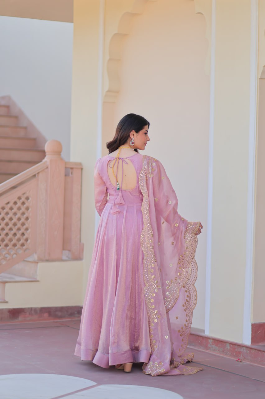 Lavender Fendy Chiffon 12-Kali Anarkali Gown with Embroidered Cut-Work Dupatta
