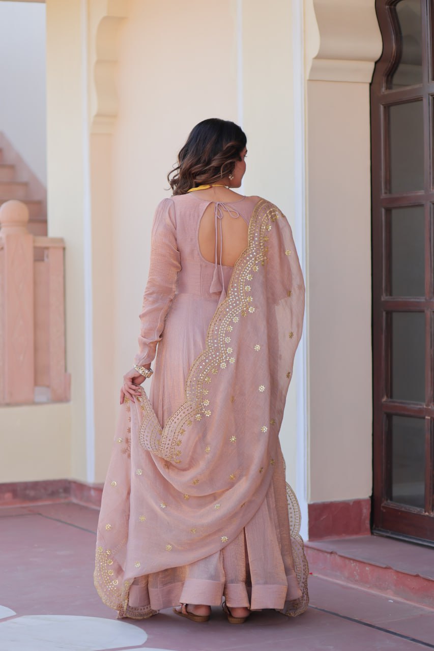 Peach Fendy Chiffon 12-Kali Anarkali Gown with Embroidered Cut-Work Dupatta