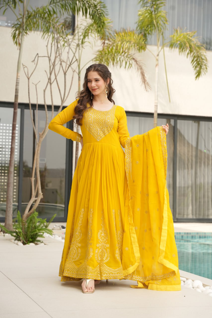 Yellow Fendy Chiffon 12-Kali Anarkali Gown with Embroidered Cut-Work Dupatta