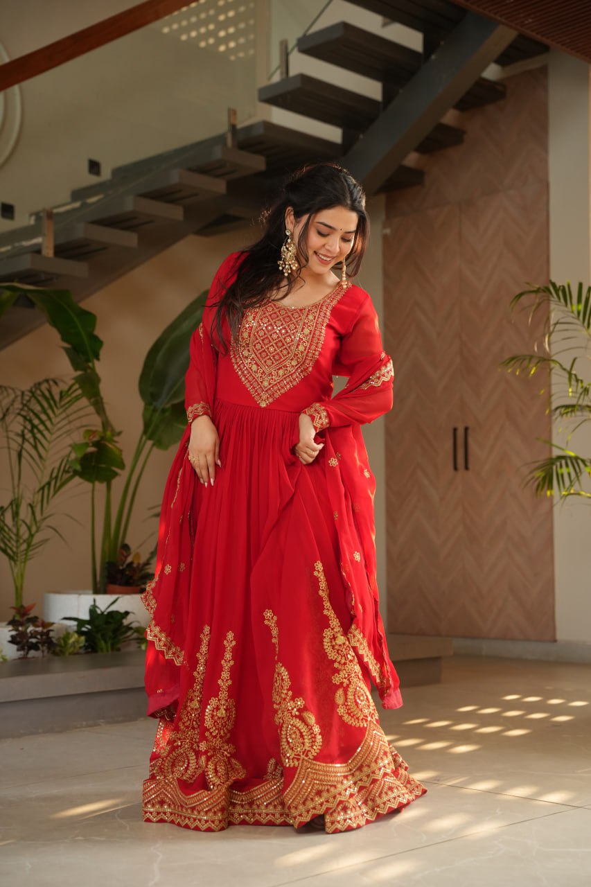 Red Fendy Chiffon 12-Kali Anarkali Gown with Embroidered Cut-Work Dupatta