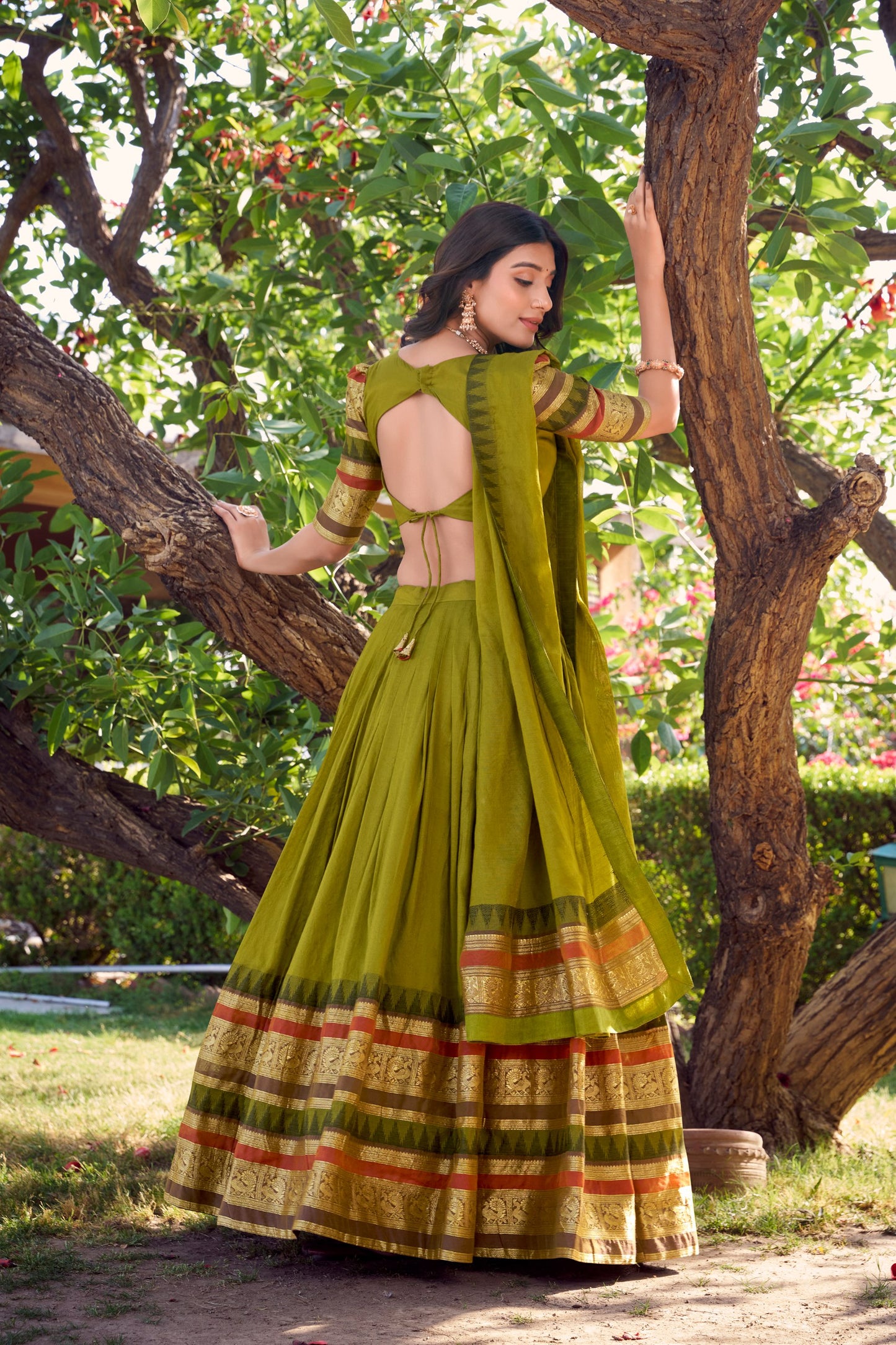 Pure Chanderi Mehendi Green Lehenga with Zari Weaving Work Border & Dupatta