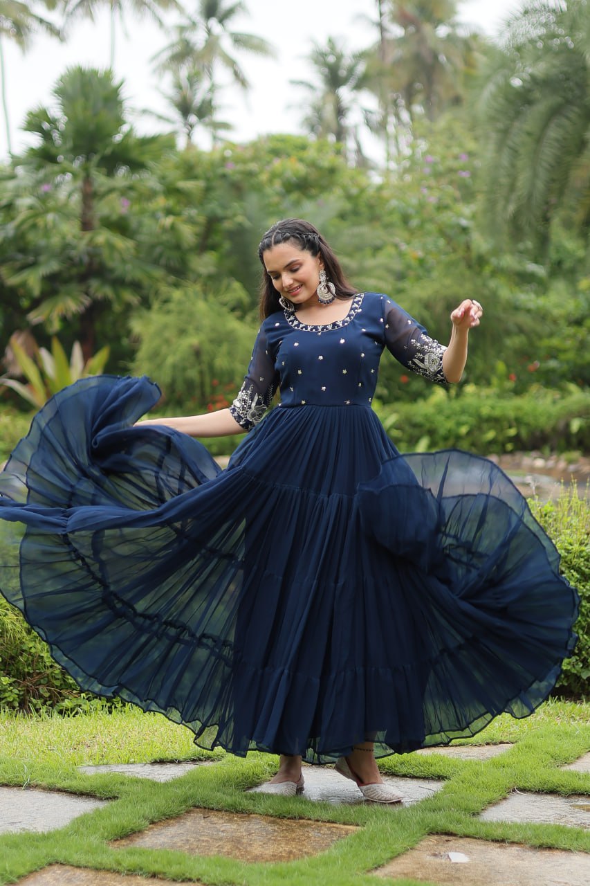 Blue Zari Sequin Embroidered Faux Blooming Gown By Stylish Ethnic