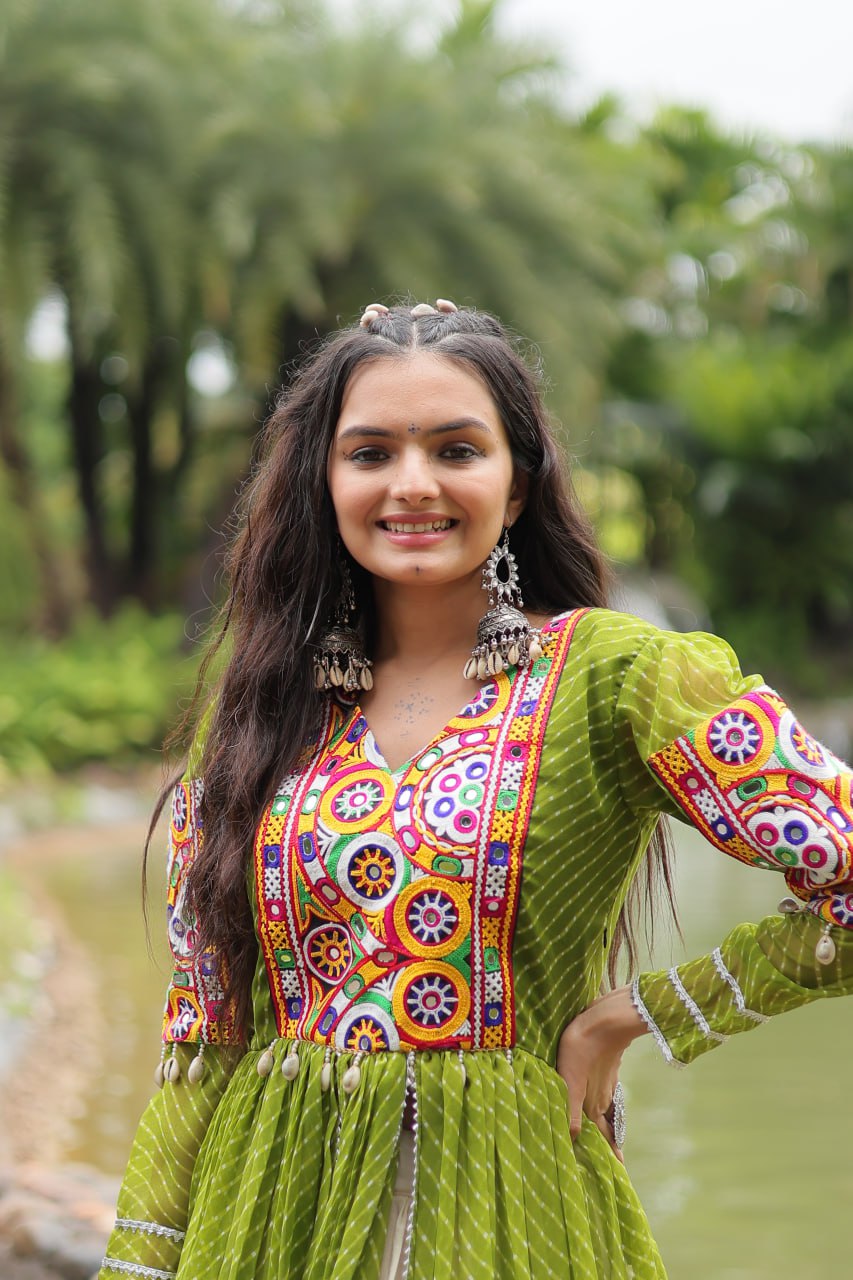 Pista Green Mirror Work Cotton Navratri Wear Kurti With Lehenga By Stylish Ethnic