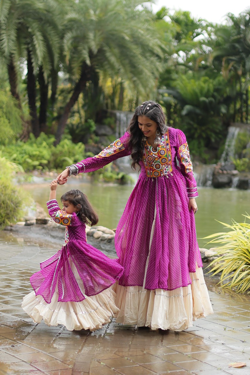 Mother Daughter Matching Lehenga With Gamthi Work Purple Navaratri Combo By Stylish Ethnic