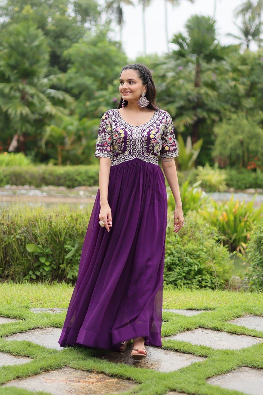 Purple Zari Sequin Embroidered Faux Blooming Gown By Stylish Ethnic