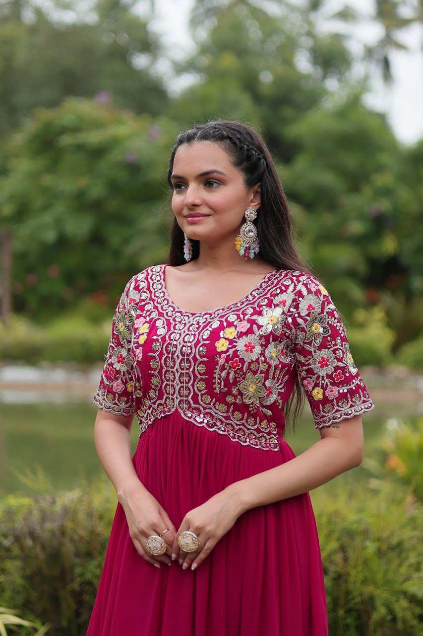 Maroon Zari Sequin Embroidered Faux Blooming Gown By Stylish Ethnic