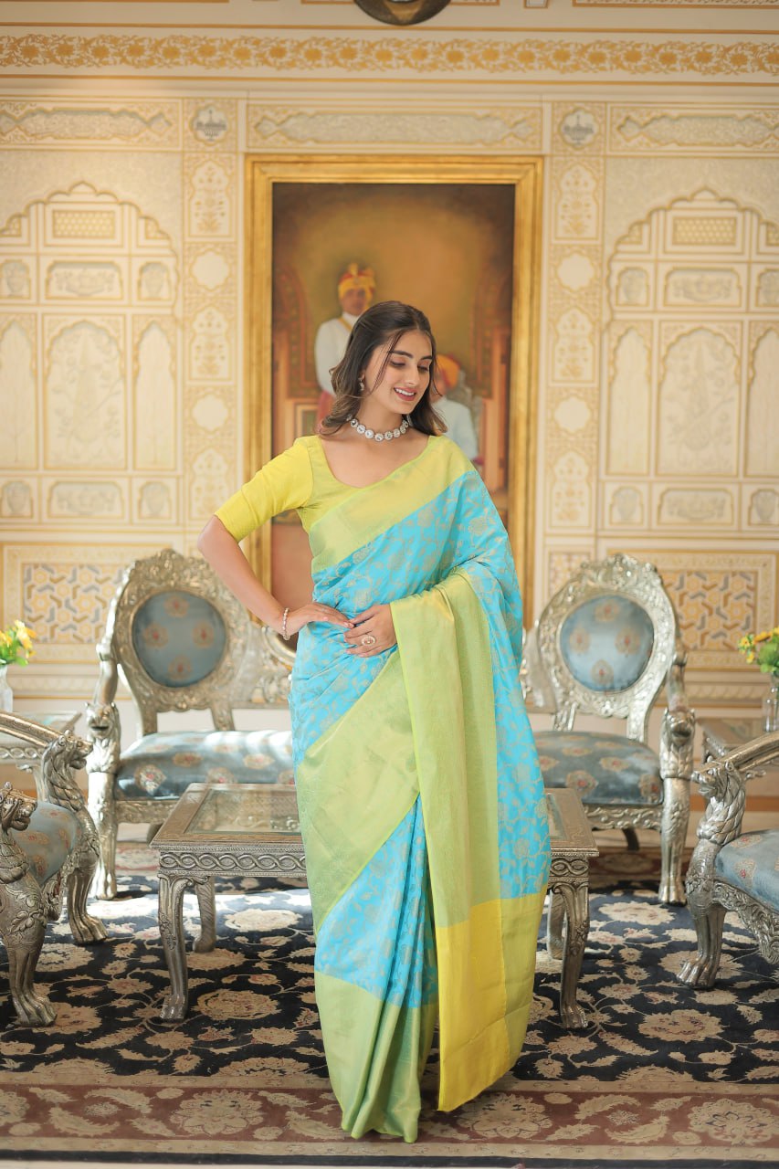 Sky Blue Color Kanjivaram Soft Silk Saree By Stylish Ethnic