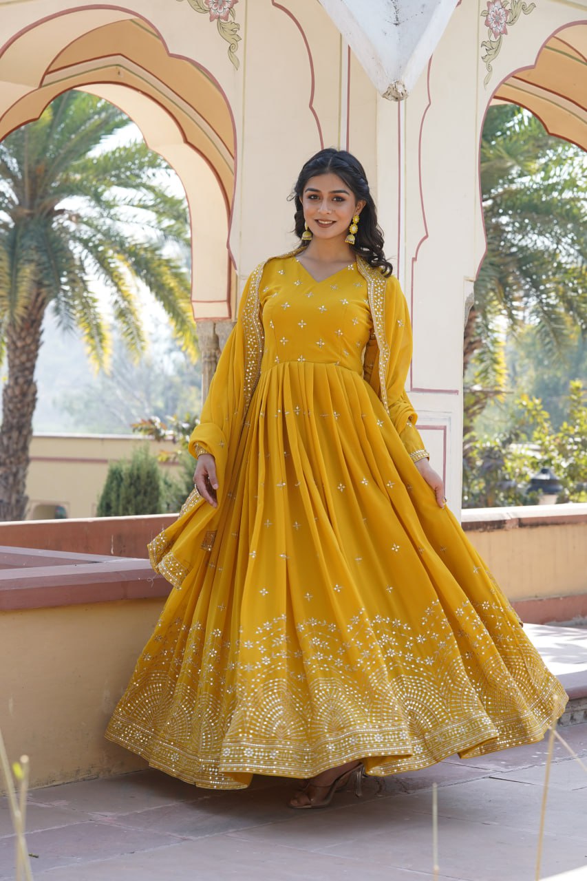 Women Embroidered Thread Work Georgette Yellow Anarkali Kurta By Stylish Ethnic