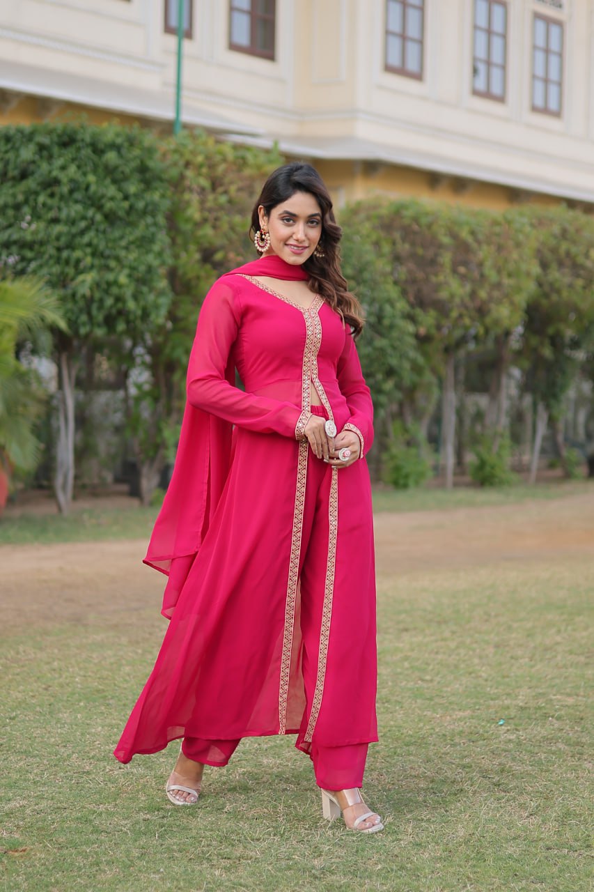 Pink Plain Georgette Kurta Pant With Dupatta By Stylish Ethnic