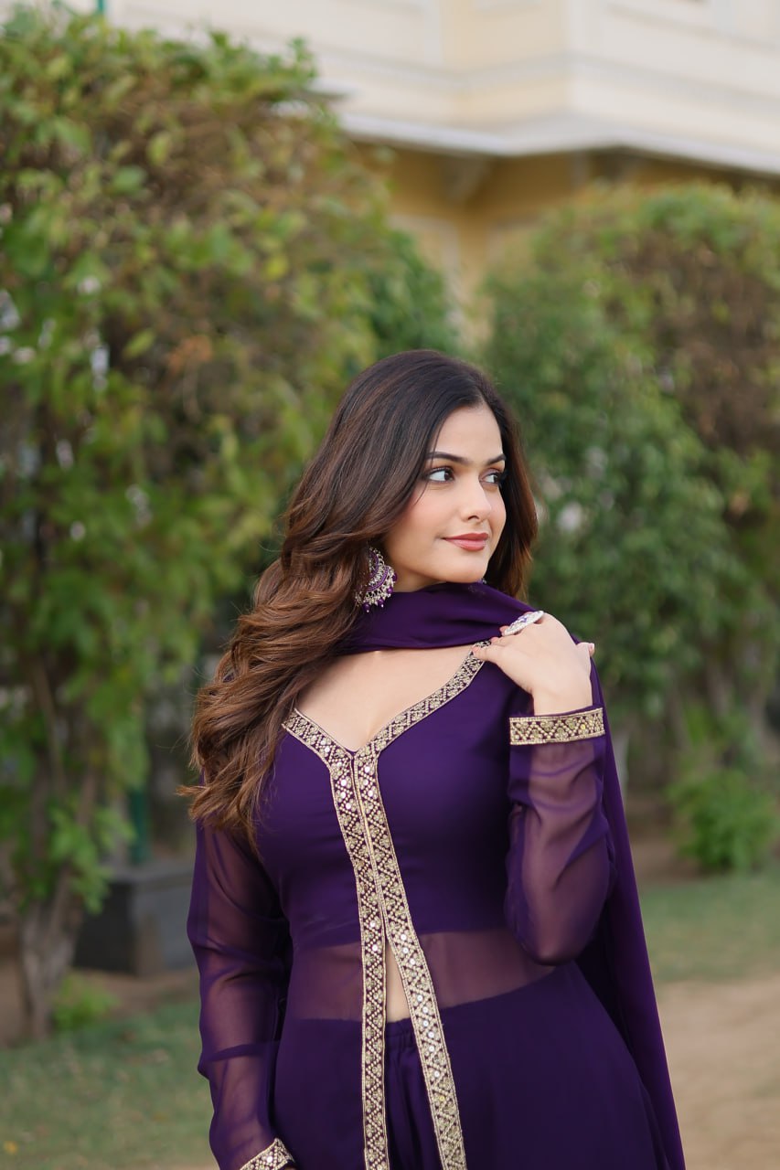 Purple Plain Georgette Kurta Pant With Dupatta By Stylish Ethnic