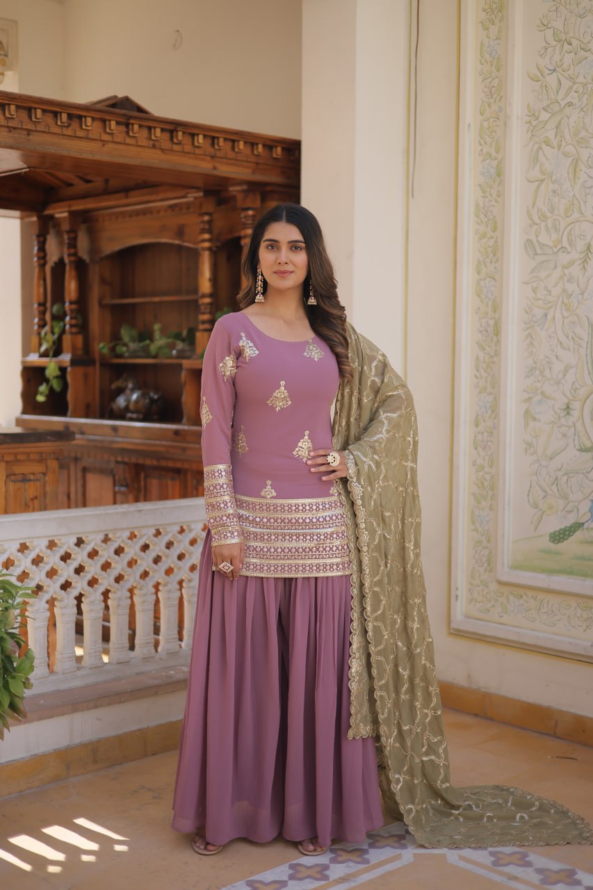 Cascade Lavender Stunning Faux Georgette Kurti-Palazzo-Dupatta Set with Sequin & Thread Embroidery