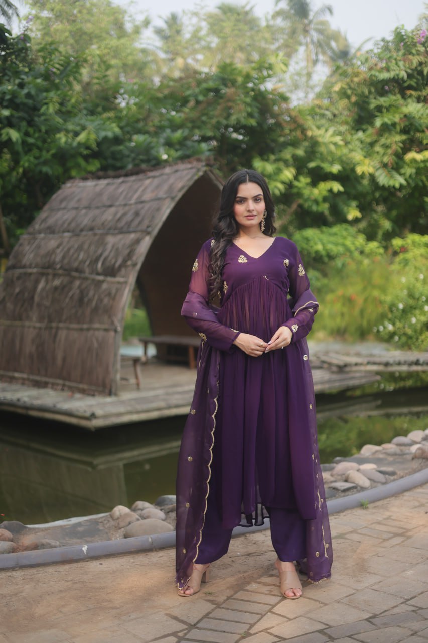 Wine Nayra Cut Anarkali Suit with Embroidery Work