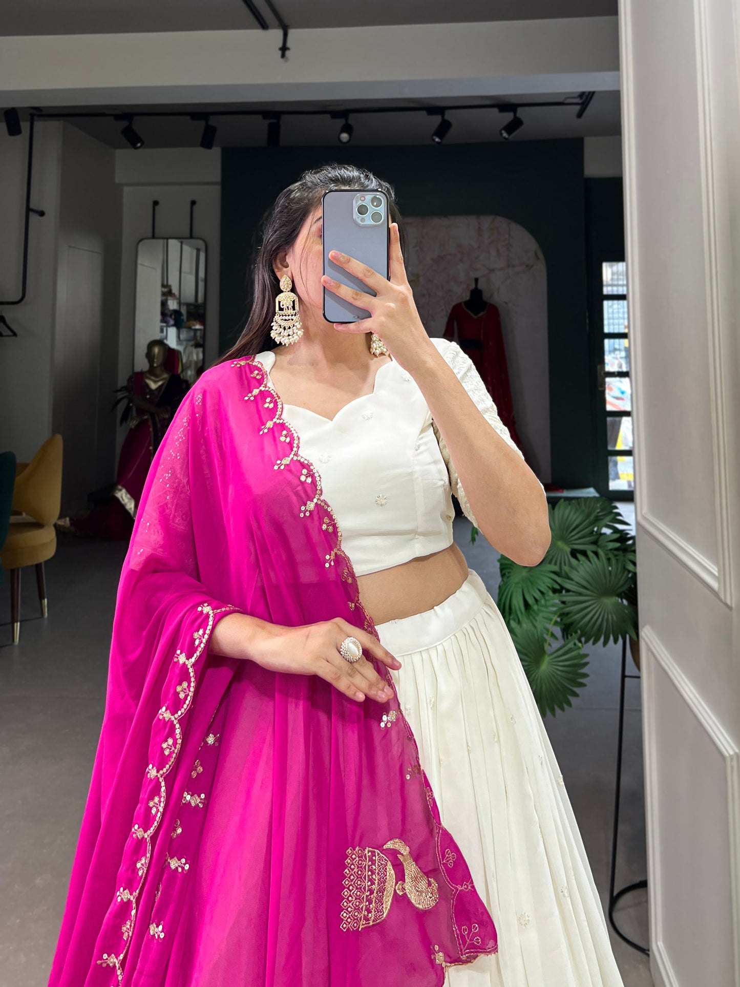 Georgette Lucknowi Paper Mirror Work Lehenga Choli With Pink Dupptta