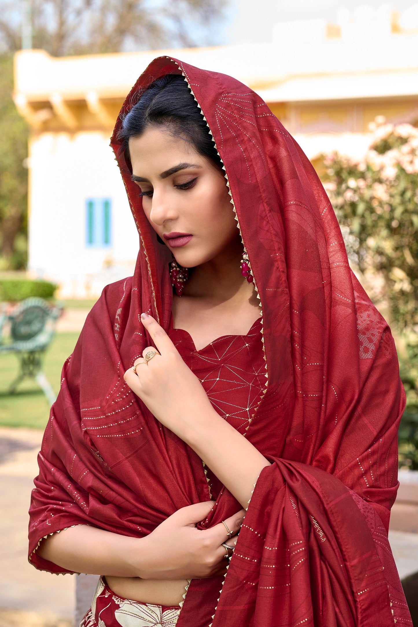 Red Floral Foil Print Tussar Silk Lehenga Choli Set