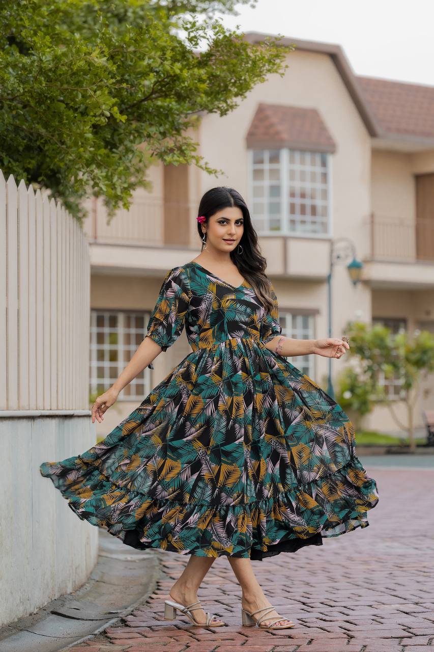 Multicolor Faux Georgette Geometric Print Maxi Dresses