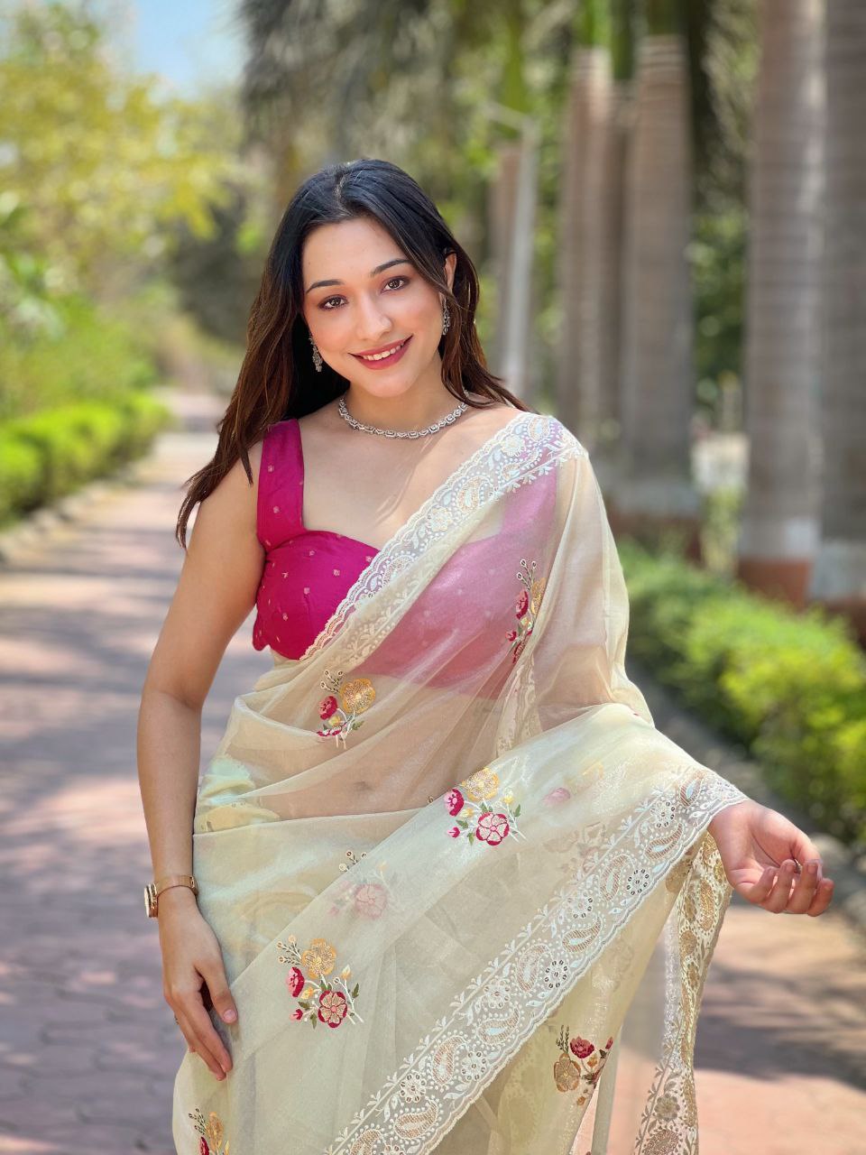 Beautiful Cream Color Designer Soft Silver Tissue Silk Saree