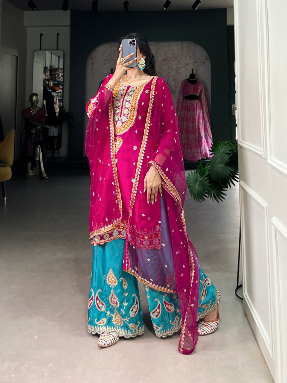 Sequins Thread Embroidered Silk Royal Style Sharara Set Of 3