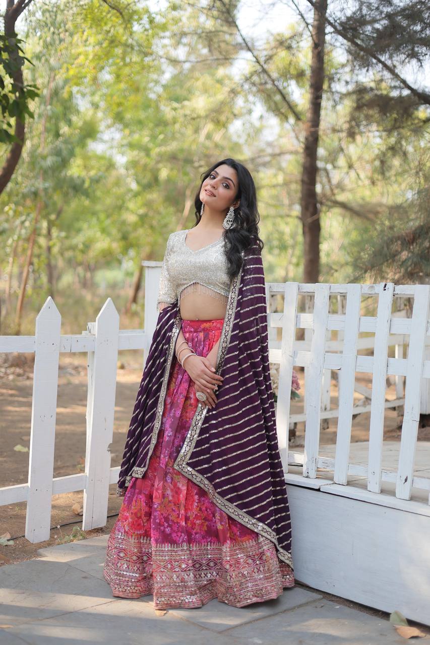 White and Purple Lehenga Choli in Georgette With Print and Sequence Lehenga Choli