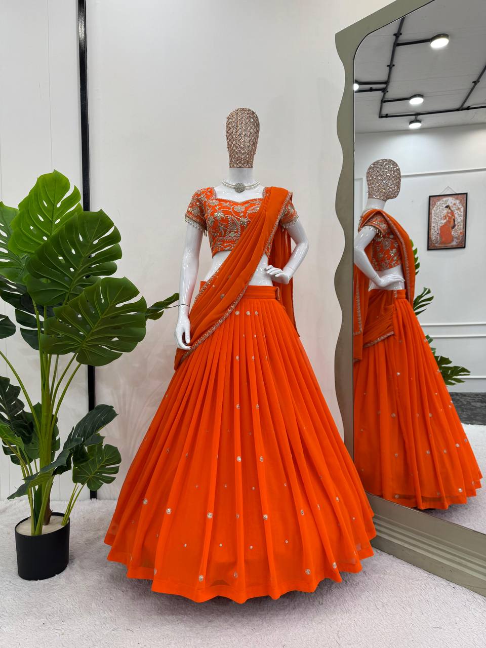 Ruffle Style Orange Lehenga Saree in Faux Georgette with Sequins & Thread Work – Ready to Wear Ethnic Outfit