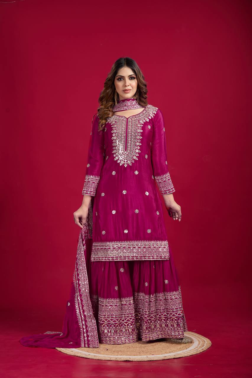 Pink Chinnon Silk With Heavy Embroidery Sequence Work Top-Plazo And Dupatta Set