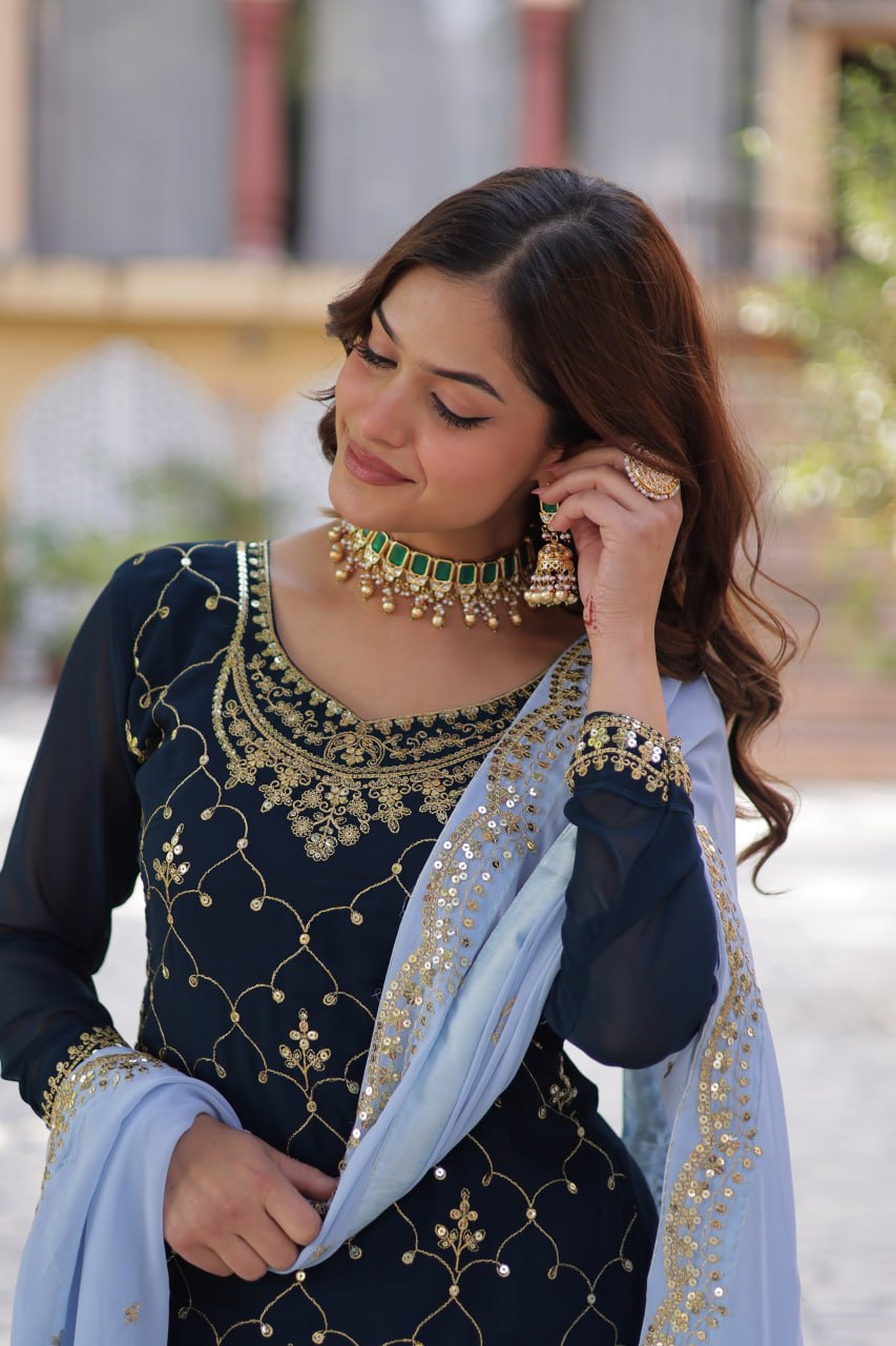 Faux Blooming Embroidered Work Firozi Blue Kurti And Plazzo Suit